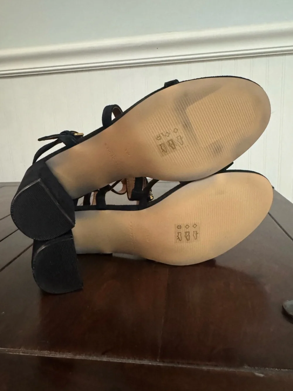 Kurt Geiger Black Strappy Velvet Block Heel Sandal with Gold Accents - Picture 5 of 7